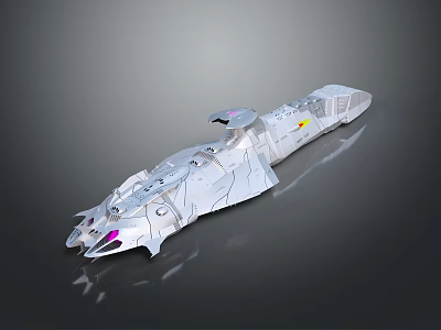 Silver Sci Fi Spaceship With Streamlined Body Complex Structure And Reflective Surface In Dark Background 3d model