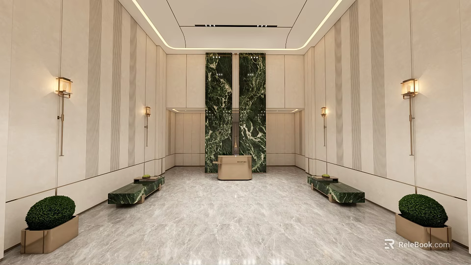 Luxurious Hotel Lobby Interior With Green Marble Walls Benches Wall Lamps And Marble Floor 3d model 