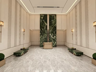 Luxurious Hotel Lobby Interior With Green Marble Walls Benches Wall Lamps And Marble Floor 3d model