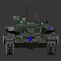 Military Tank With Blue Stripes And Red Lights On Gray Background