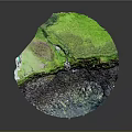 Garden Landscape With Lush Green Grass White Building And Waterfall In Rocky Cliff Formation