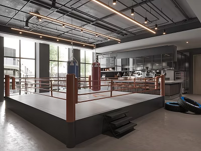 Industrial Interior Boxing Gym Space With Boxing Ring And Equipment 3d model