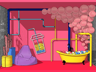 Vibrant Photo Spot Featuring Pink Background Pipes Bubbles Purple Bean Bag And Colorful Ball Bathtub 3d model