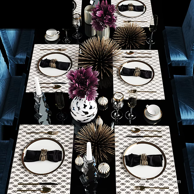 Elegant Dinnerware Set With Patterned Placemats Black Napkins And Flower Centerpieces On Dining Table 3d model 