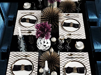 Elegant Dinnerware Set With Patterned Placemats Black Napkins And Flower Centerpieces On Dining Table 3d model