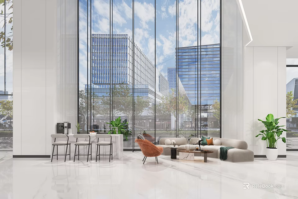 Modern Spacious Hotel Lobby Interior With Tall Glass Windows City View And Comfortable Furniture 3d model 