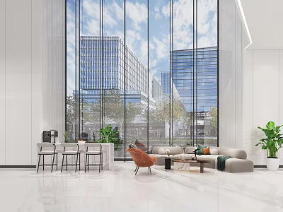 Modern Spacious Hotel Lobby Interior With Tall Glass Windows City View And Comfortable Furniture 3d model