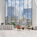 Modern Spacious Hotel Lobby Interior With Tall Glass Windows City View And Comfortable Furniture