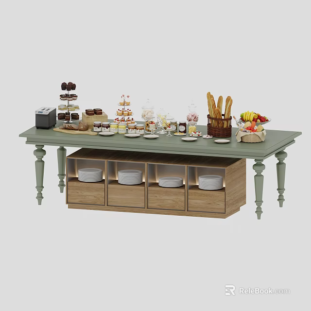Elegant Vintage Buffet Table Filled With Various Breads Desserts Fresh Fruits And Delicious Snacks 3d model 