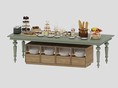 Elegant Vintage Buffet Table Filled With Various Breads Desserts Fresh Fruits And Delicious Snacks 3d model