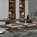 Traditional Chinese Wooden Tea Table And Chairs Interior With Bookshelf And Tea Sets