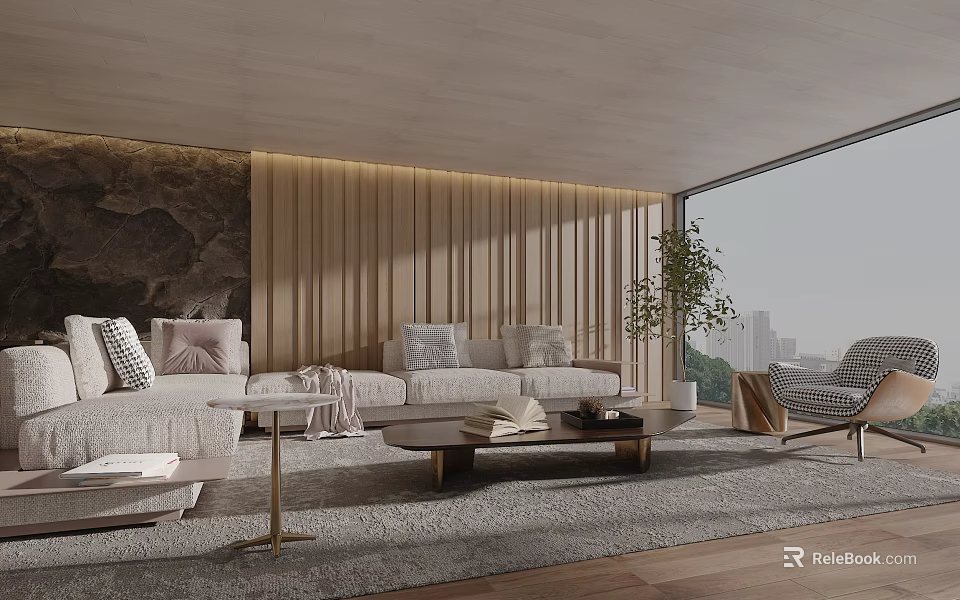 Modern Living Room With Wooden Wall Large Window Gray Sofa Coffee Table And Green Plant 3d model 