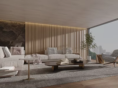 Modern Living Room With Wooden Wall Large Window Gray Sofa Coffee Table And Green Plant 3d model