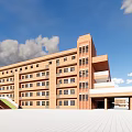 Red Brick Modern School Buildings With Classroom Structures Open Plaza Blue Sky And White Clouds