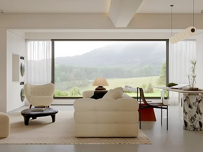 Modern Minimalist Living Room With White Sofa Large Window And Mountain View 3d model