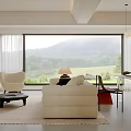 Modern Minimalist Living Room With White Sofa Large Window And Mountain View