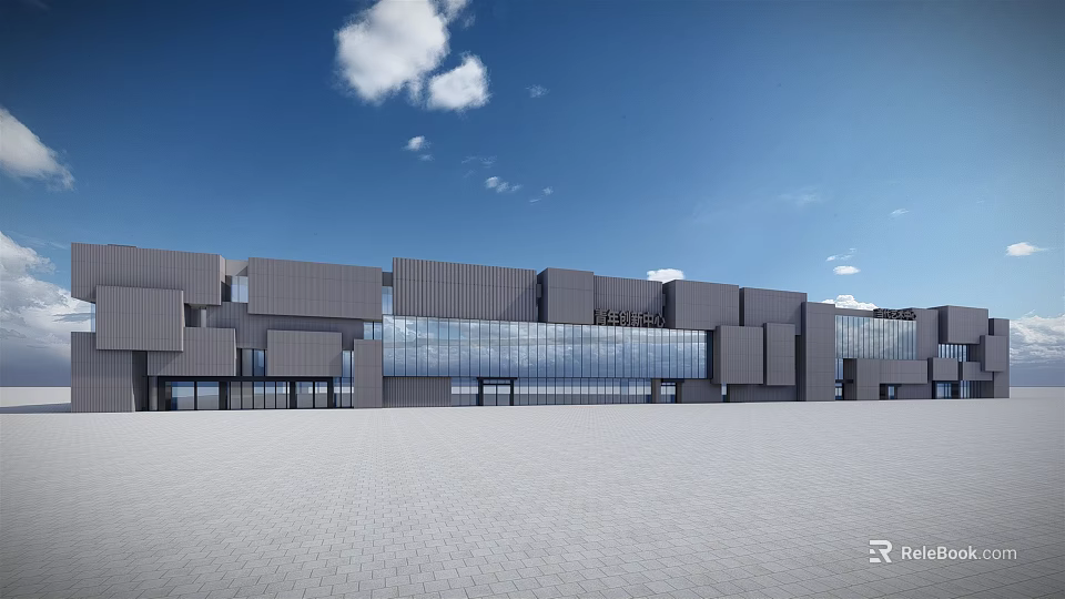 Modern Office Building Exterior With Geometric Structure Glass Curtain Walls And Blue Sky 3d model 