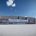 Modern Office Building Exterior With Geometric Structure Glass Curtain Walls And Blue Sky