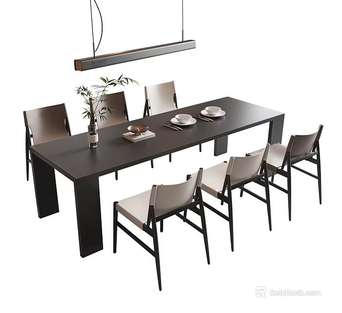 Minimalist Modern Dining Table and Chairs Set with Black Rectangular Table Light Colored Seats and Tabletop Decorations 3d model 