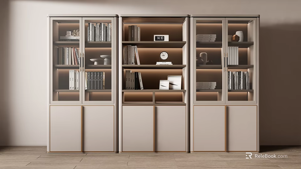 Modern Glass Door Bookcase With Books Decorative Items And Built In Lighting 3d model 