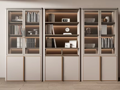 Modern Glass Door Bookcase With Books Decorative Items And Built In Lighting 3d model