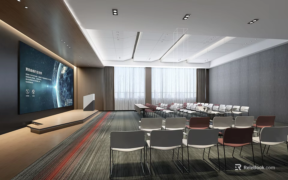 Modern Conference Room Interior With Large Screen Podium Comfortable Chairs Windows And Lighting 3d model 