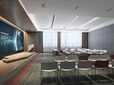Modern Conference Room Interior With Large Screen Podium Comfortable Chairs Windows And Lighting 3d model