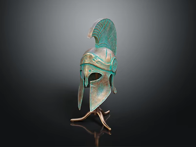 Ancient Greek Style Bronze Helmet Featuring Plume Design On Metallic Display Stand 3d model