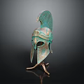 Ancient Greek Style Bronze Helmet Featuring Plume Design On Metallic Display Stand