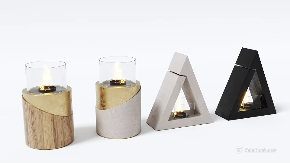 Modern Fireplace Design With Decorative Wooden Concrete Candle Holders And Burning Candles 3d model 