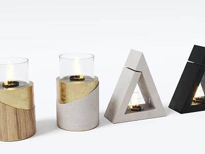 Modern Fireplace Design With Decorative Wooden Concrete Candle Holders And Burning Candles 3d model