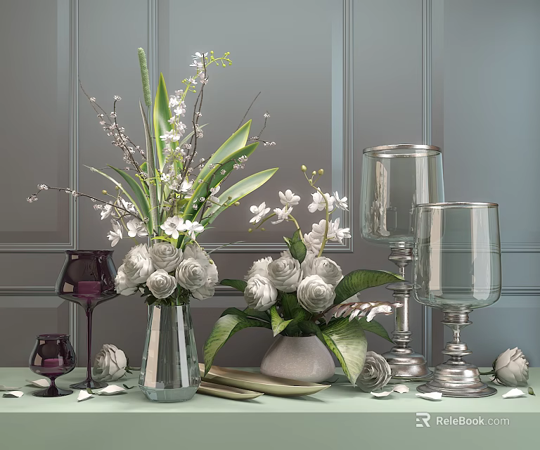 Tabletop Decor With Glass Vase White Flowers Green Leaves Wine Glasses And Candle Holders 3d model 