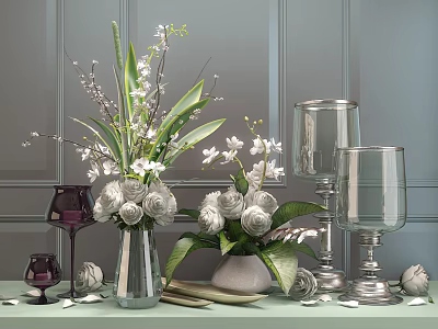 Tabletop Decor With Glass Vase White Flowers Green Leaves Wine Glasses And Candle Holders 3d model