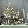Tabletop Decor With Glass Vase White Flowers Green Leaves Wine Glasses And Candle Holders
