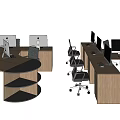 Modern Office Desks with Circular Design Wooden Finish Office Chairs and Computers