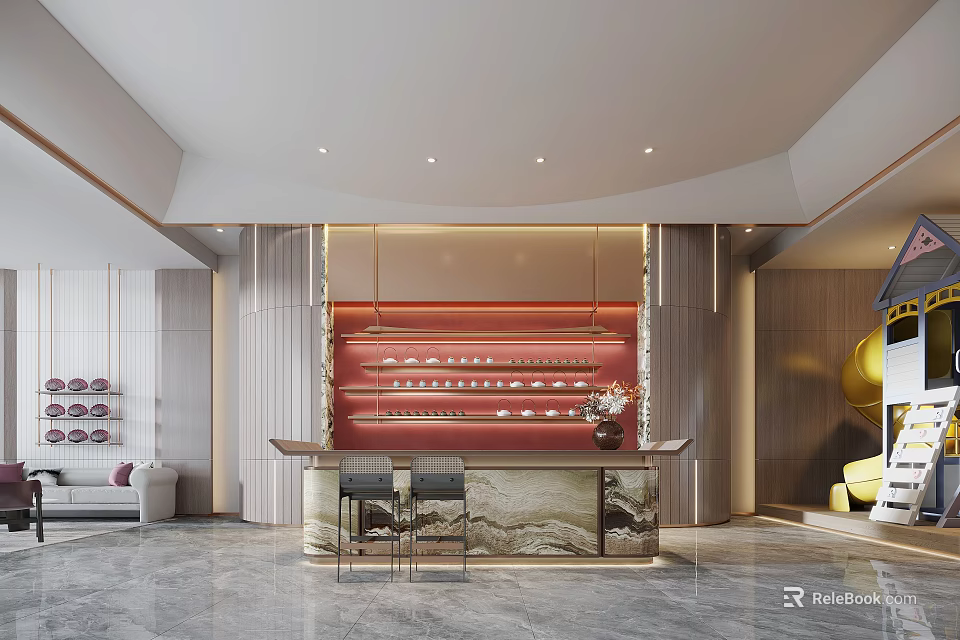 Modern Reception Desk With Marble Counter Red Backdrop Wall And Sofa Area Decor 3d model