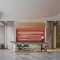 Modern Reception Desk With Marble Counter Red Backdrop Wall And Sofa Area Decor 3d model