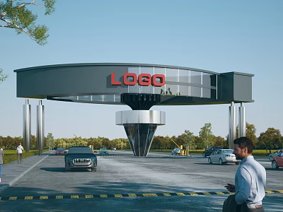 Modern Architectural Entrance Gate with Red Logo Metal Supporting Pillars Green Trees and Cars 3d model