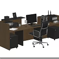 Modern Office Desk With Wooden Top Computer Monitor Black Cabinets Stacked Files And Ergonomic Chair