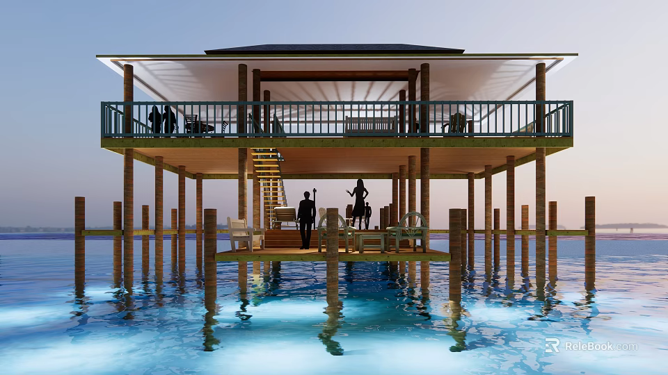Scenic Overwater Wooden Building with Stilts and Open air Terrace Platforms by Calm Water 3d model 