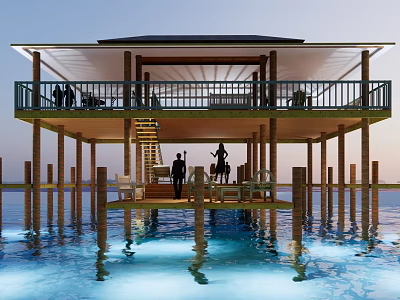 Scenic Overwater Wooden Building with Stilts and Open air Terrace Platforms by Calm Water 3d model