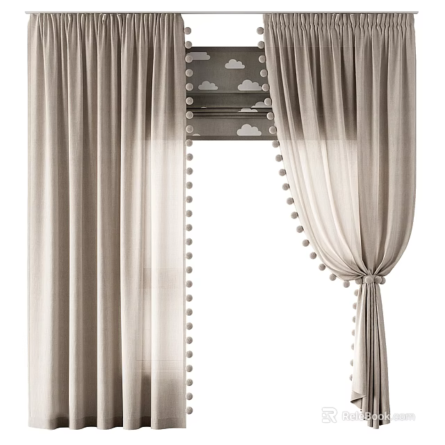 Beige Curtains with Pom Pom Trim and Cloud Pattern Design for Home Decoration 3d model 