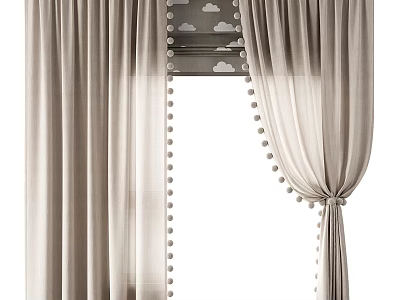 Beige Curtains with Pom Pom Trim and Cloud Pattern Design for Home Decoration 3d model
