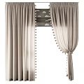 Beige Curtains with Pom Pom Trim and Cloud Pattern Design for Home Decoration
