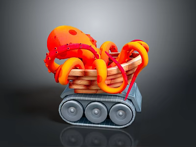 Orange Octopus with Red Details in Basket on Gray Base with Wheels 3d model