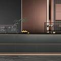 Modern Kitchen Interior With Copper Cabinets Island Dark Countertop And Appliances