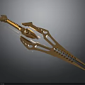 Golden Decorative Spear Featuring Intricate Geometric Patterns And Sharp Pointed Tip