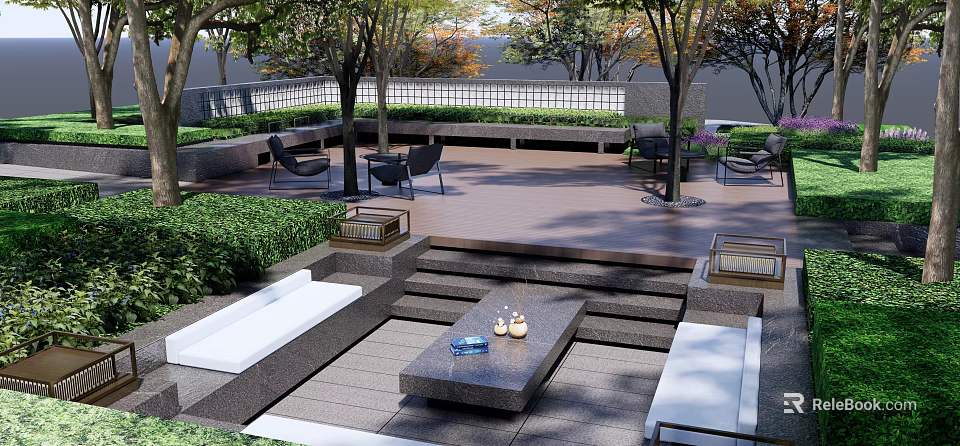 Residential Landscape Design With Wooden Patio Outdoor Seating Trees Greenery And Stone Steps 3d model 