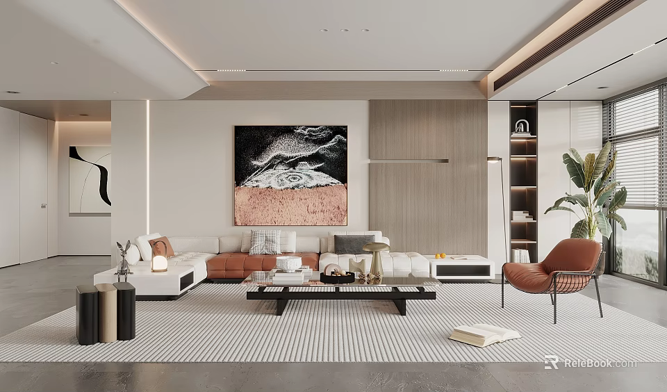 Modern Minimalist Living Room Interior With Striped Rug Large Painting And Orange Armchair 3d model 