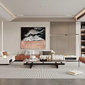 Modern Minimalist Living Room Interior With Striped Rug Large Painting And Orange Armchair